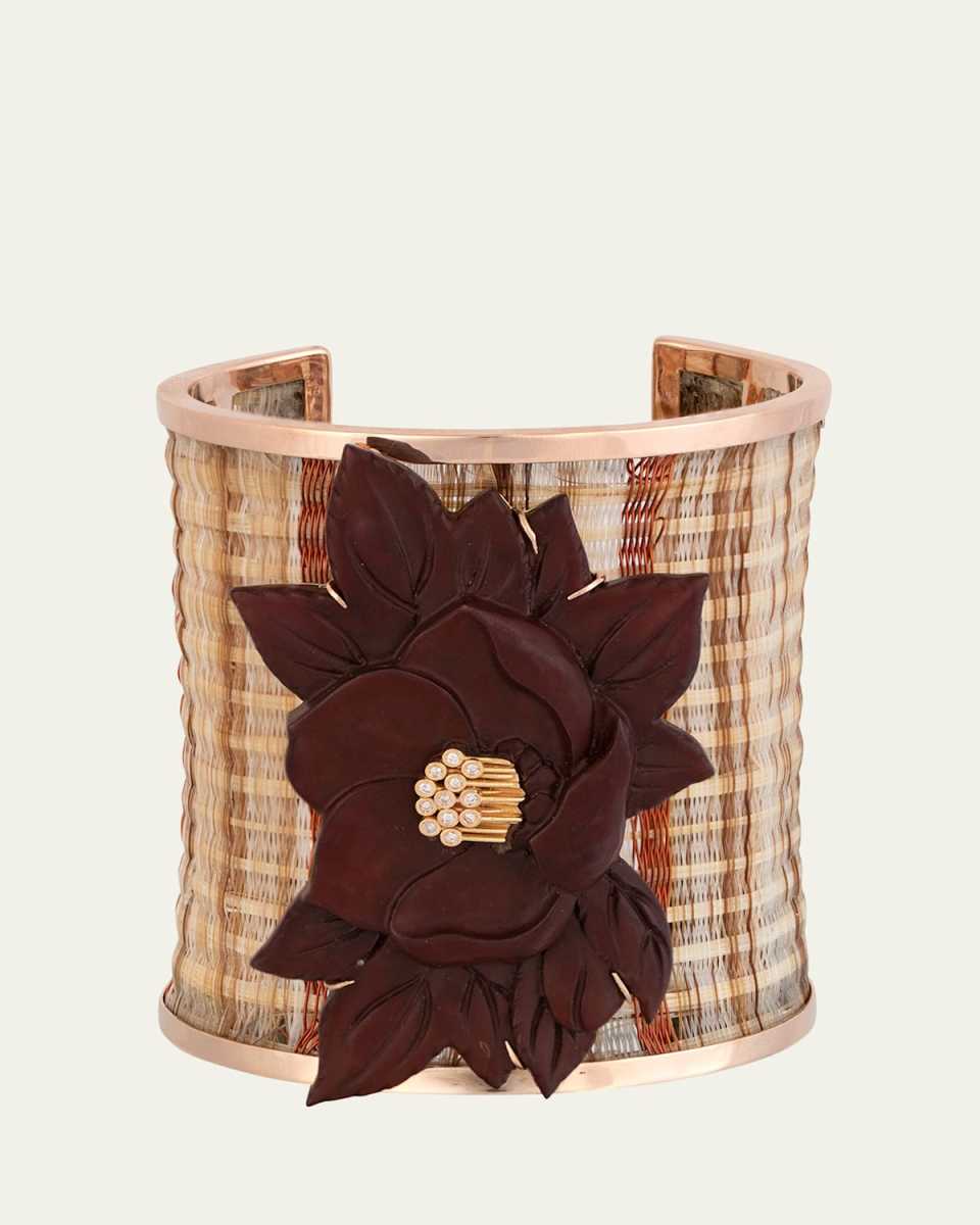 18K Yellow Gold Horse Mane Cuff with Red Kamakura Lacquer Flower and Diamonds